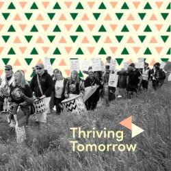 A cut out black and white image of people marching through a field with instruments.