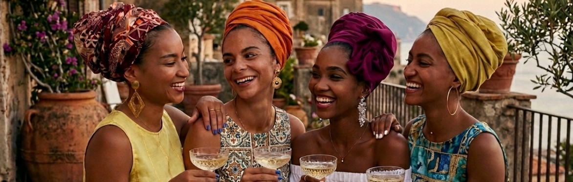 Four women wearing vibrant coloured hair turbans smiling and laughing