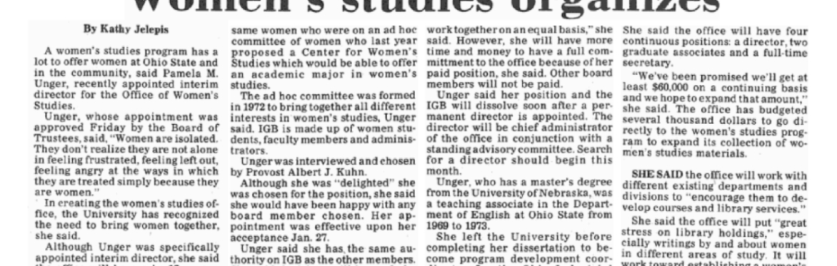 Newspaper article from the Lantern describing the efforts to create and Office of Women's Studies
