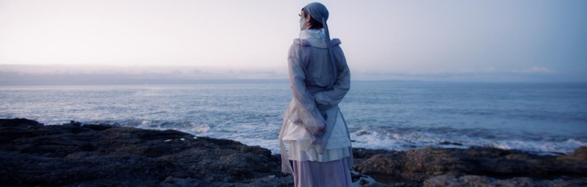 A person in layered, translucent clothing stands on a rocky coastline facing the sea at dusk, looking out over calm water under a pale sky.
