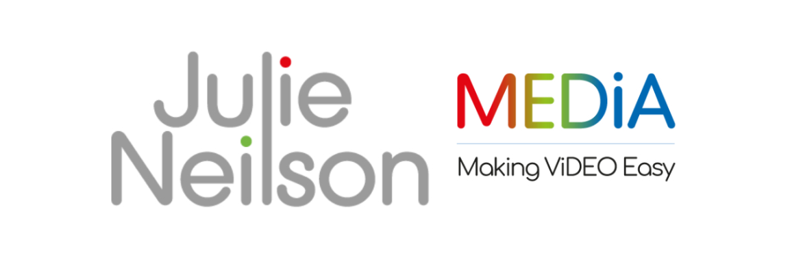 White background with words, Julie Neilson Media, Making video easy.  Media is written in shades or red, green and blue.