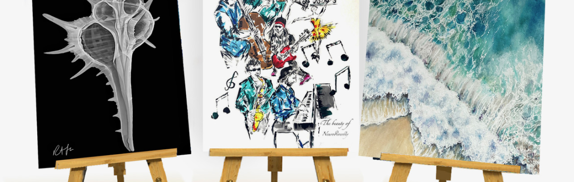 The image shows three easels with a different painting on each. One is abstract blues and yellows, one is a seascape, and one is a vase of red flowers
