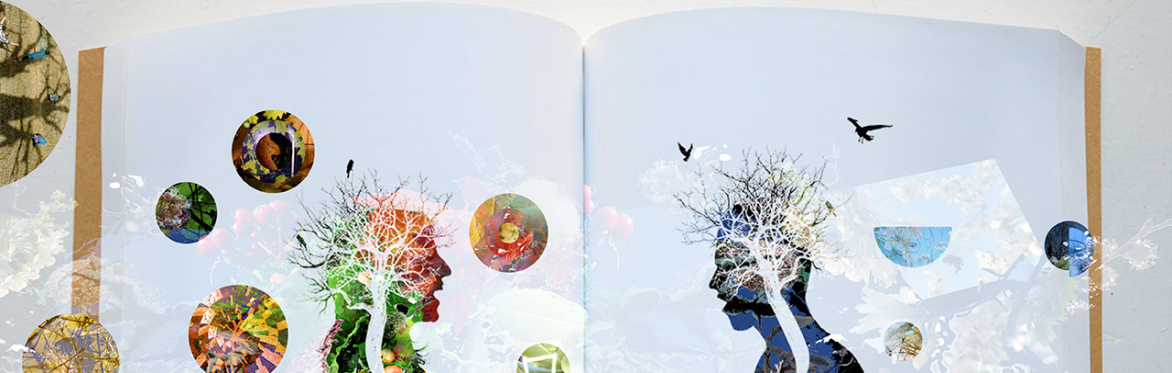 An open book. Silhouettes of two people face each other on opposite pages. Trees are superimposed over their heads that double as neurological pathways.