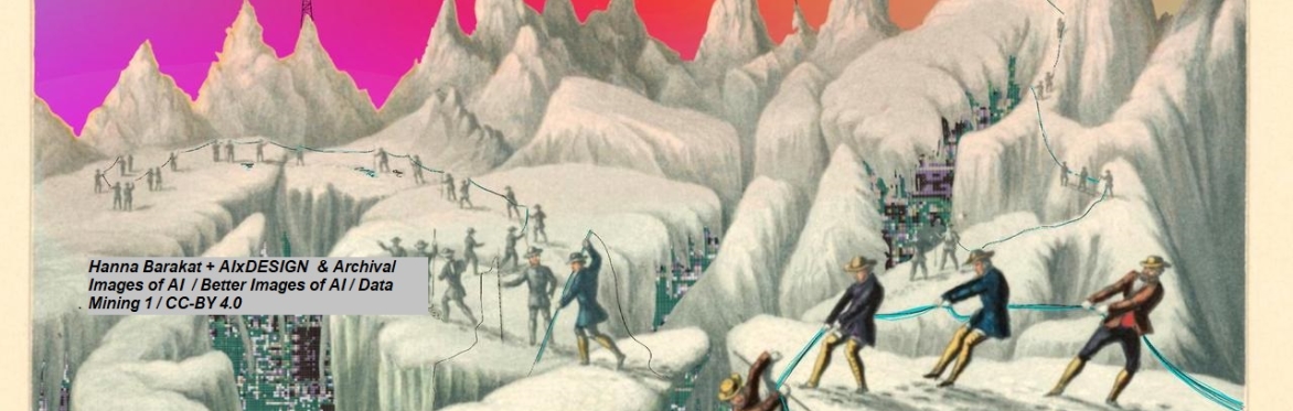 A surreal landscape of snowy cliffs with jagged mountain peaks under a vibrant gradient sky that shifts from orange to pink and purple. People wearing old-fashioned expedition clothing pull ropes acro