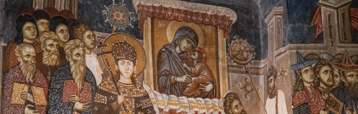 Fresco depicting the emperor and church officials in a procession with an icon of the Virgin and Child