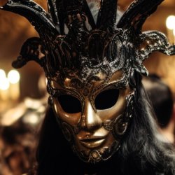 black on gold, candle lit figure in a venetian mask