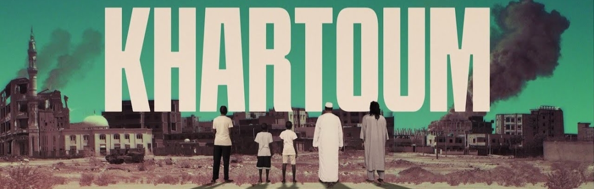 a cartoon of five Sudanese people looking at the war-torn city of Khartoum from a distance. The text 'Khartoum' is in the image.