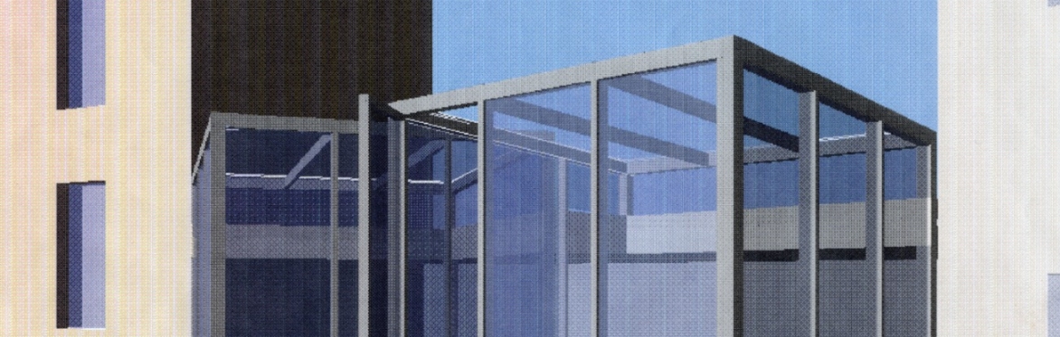 Visualisierung des Café Bravo, permanente Installation nach Entwürfen von Dan Graham, realisiert in Kooperation mit Johanne Nalbach, Nalbach+Nalbach Architekt*innen im Innenhof der KW Institute for Co