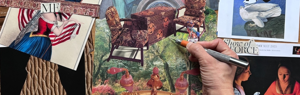 A cartoon image of two people walking into the front door of the Ed Portal. Also visible are people looking at art in the Crossings Gallery and people attending a workshop in the iStudio.