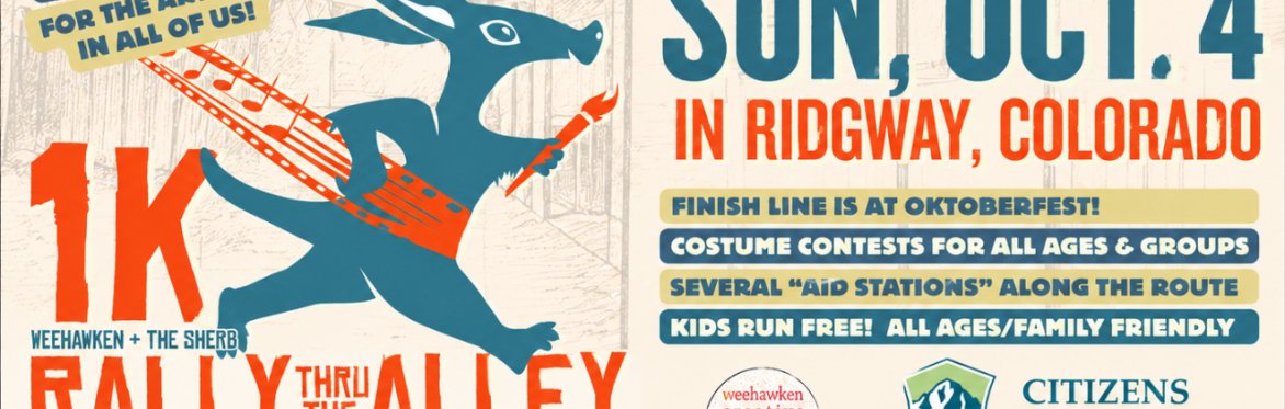 Promotional graphic for the Ridgway 1K Rally Thru the Alley for the Arts, featuring a stylized blue rabbit running with a paintbrush and musical notes. The family-friendly event takes place Sunday, Oc