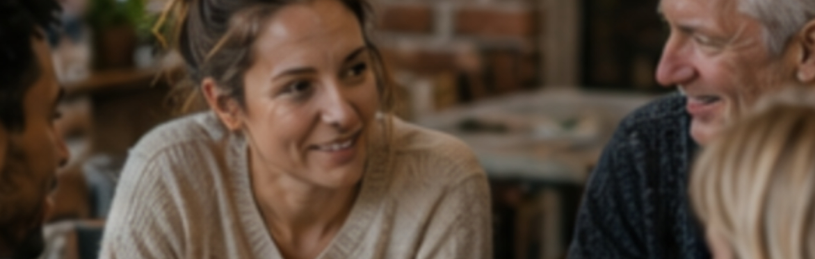 Men and women sat talking and listening in casual environment
