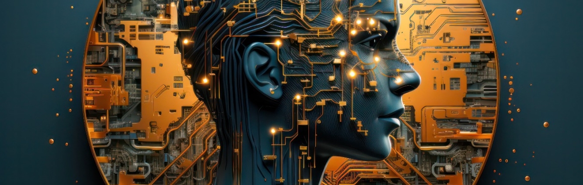 Woman's face with digital circuit lines around her face on a gold background