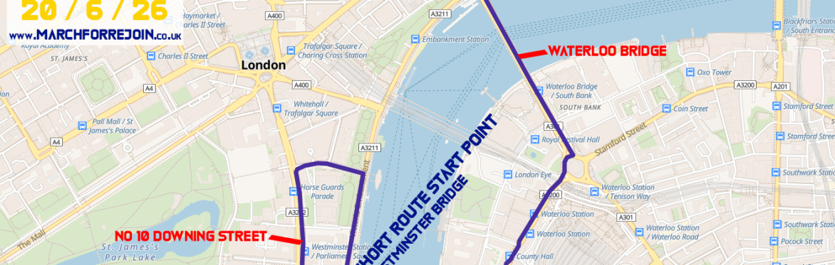 Map showing route from Temple Underground Station to Parliament Square, Via Waterloo Bridge and Westminster Bridge