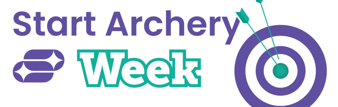 An image showing the Start Archery Week logo and title. It also includes a purple and white target with two teal arrows.