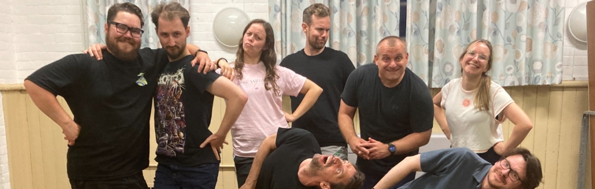 The improv team of 8, posing and laughing against light blue curgains