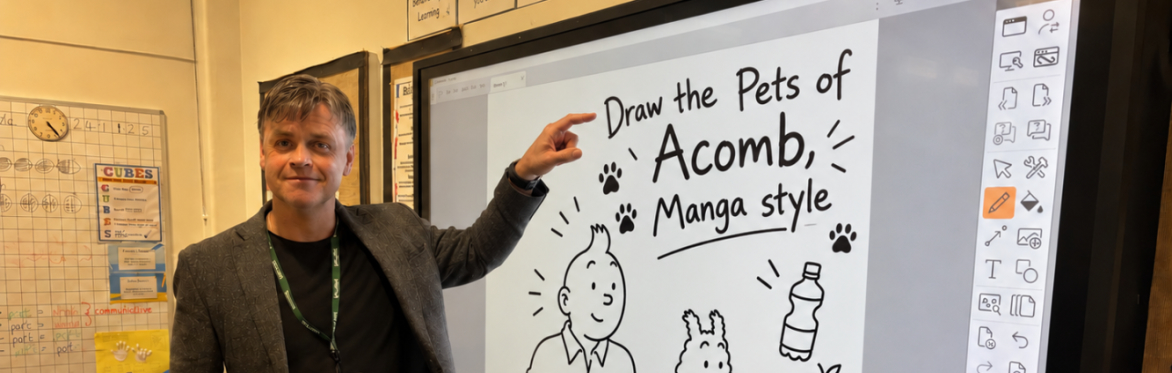 Person standing beside a large interactive display showing a digital drawing activity titled “Draw the Pets of Acomb, Manga style”. The screen features cartoon illustrations and drawing tools.