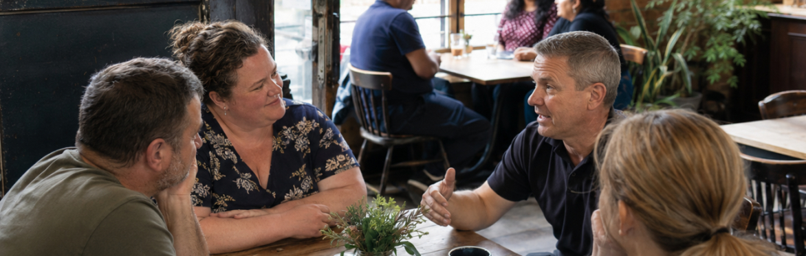 Men and women sat talking and listening in casual environment