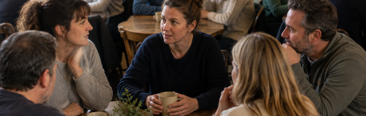 Men and women sat talking and listening in casual environment