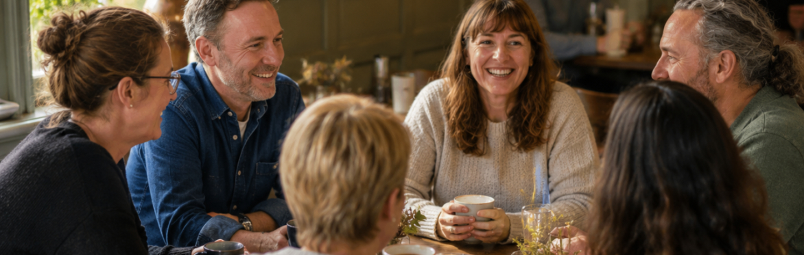 Men and women sat talking and listening in casual environment