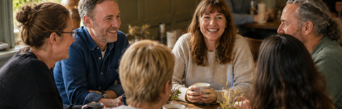 Men and women sat talking and listening in casual environment