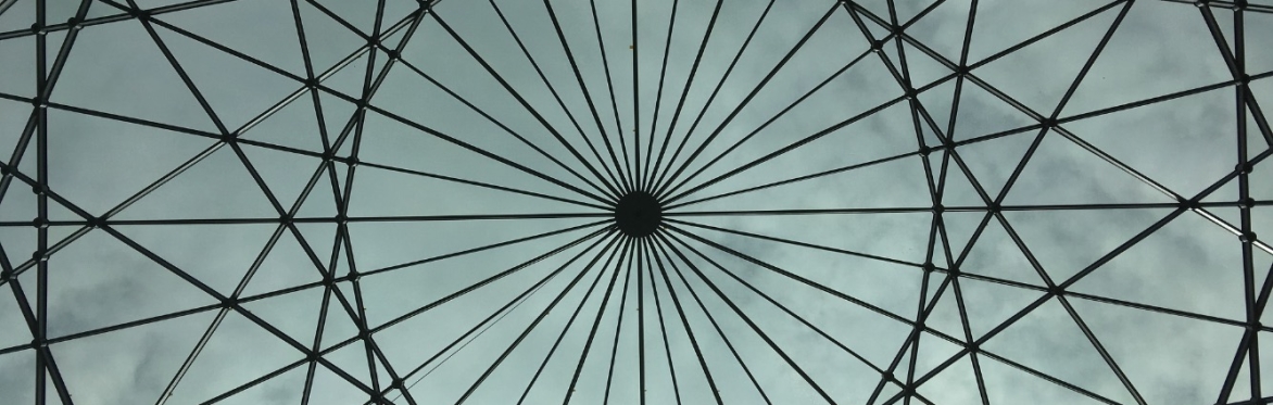 Glass roof intricately supported by tie-bars, creating a self-supporting structure. The photo is taken from underneath dead-centre to reveal the circular symmetry of the structure