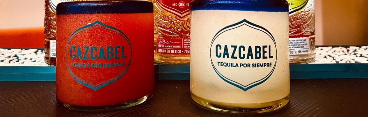 Cazcabel tequila bottles and slushy margaritas