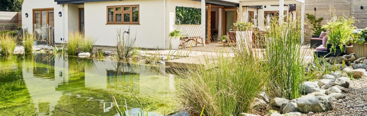 Retreat house with outside patio, swimming pond and plants