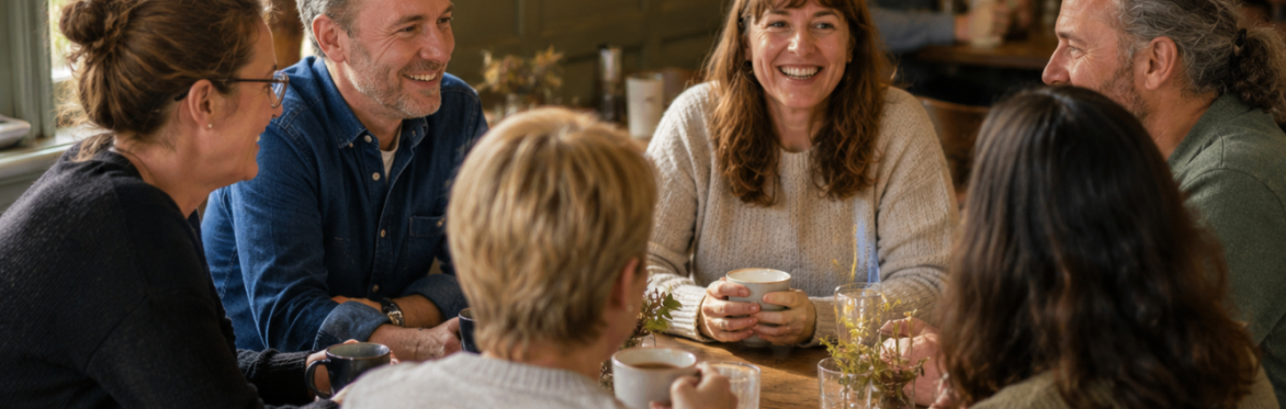 Men and women sat talking and listening in casual environment