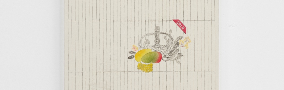 A square, white painting with a fine-lined, black grid hung on a white wall. In the middle of the painting is an image of a crown and a mango. There is a block of text in the bottom right corner. The