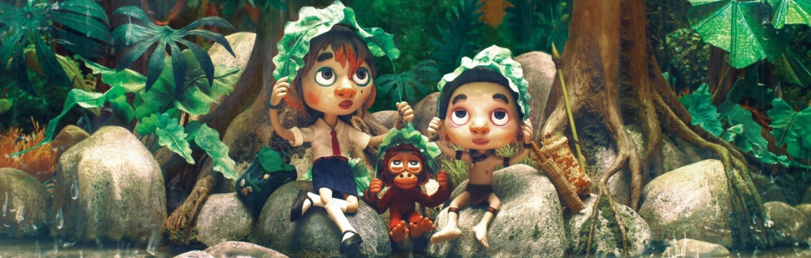 Two children and a baby orangutang shelter from rain under big leaves in a rainforest.