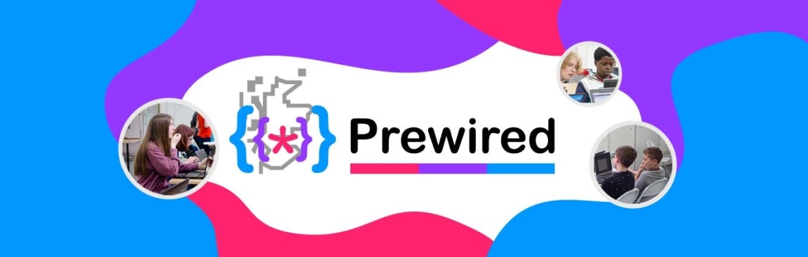 The Prewired wordmark surrounded by three pictures of young people at Prewired coding on a laptop