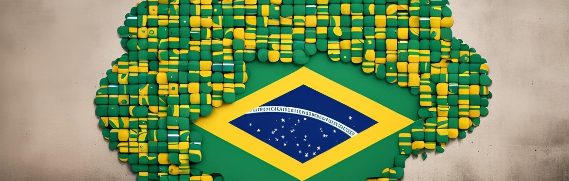 Image created with the Runway ML text-to-image generative model, using a prompt that requested several Brazilian flags in the shape of the cloud computing icon, rendered in an artistic style. Runway M