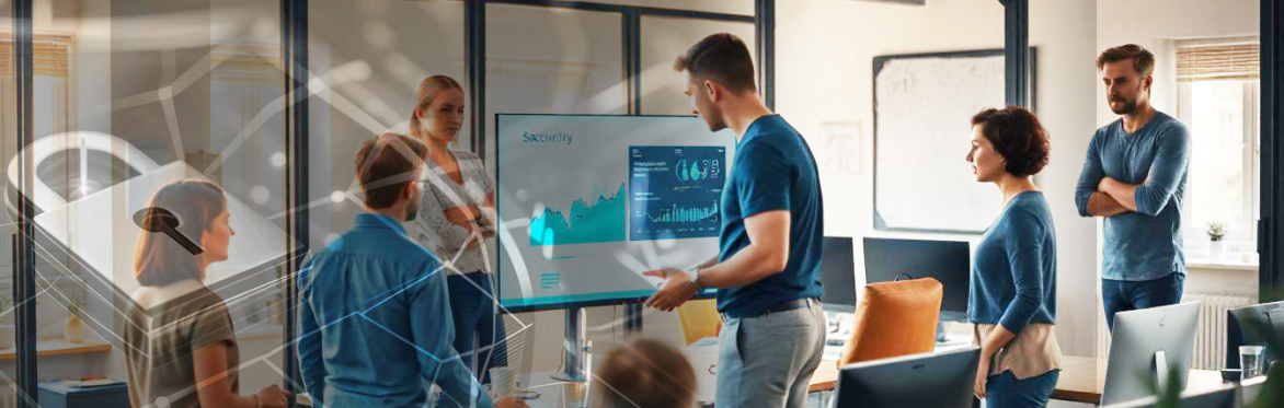 "A modern office with a group of IT specialists working concentratedly on their computers at standing desks. There is a screen with security analyses while others listen attentively and discuss. The a