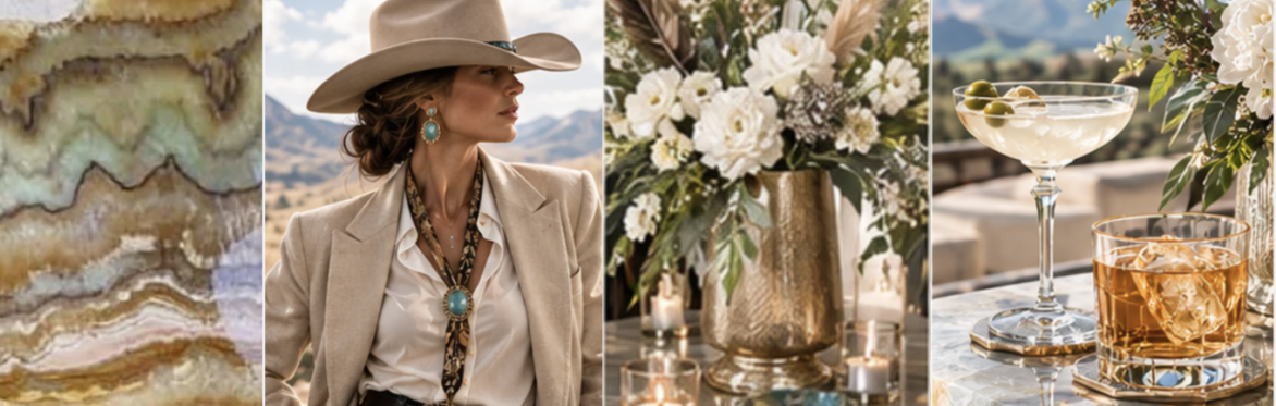 woman wearing cowboy hat, flowers and a martini
