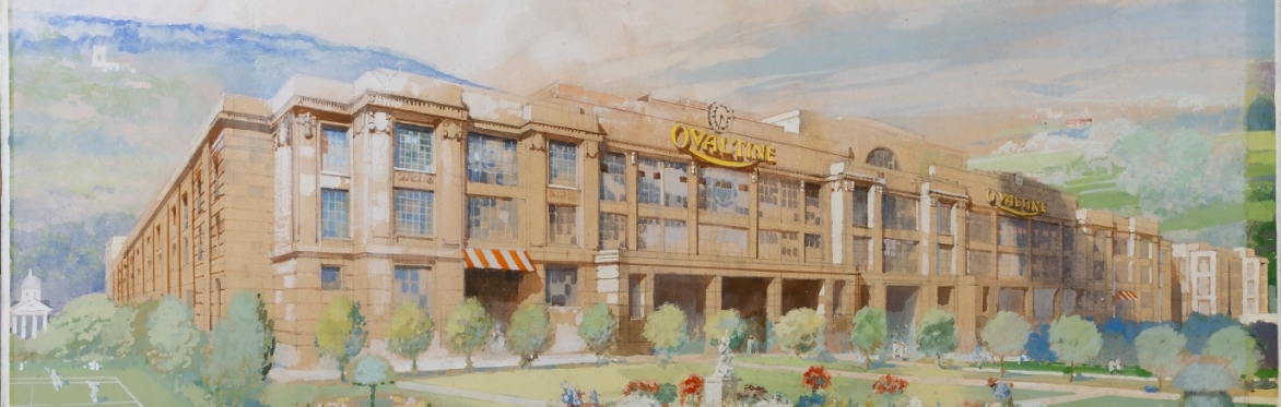 a water colour showing the Ovaltine Factory in Kings Langley.