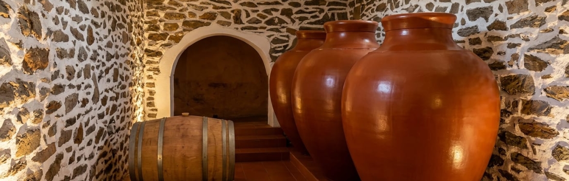 Stone corridor with rustic walls and flooring, lined with traditional clay amphoras used in the ancient winemaking process, showcasing a blend of heritage and craftsmanship.