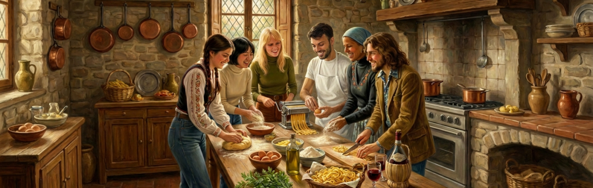 A cooking demonstration with participants preparing food together.