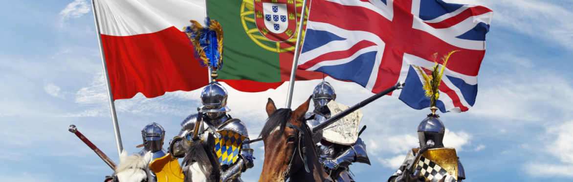 Four armoured knights on horses with flags of Poland, Portugal and UK.