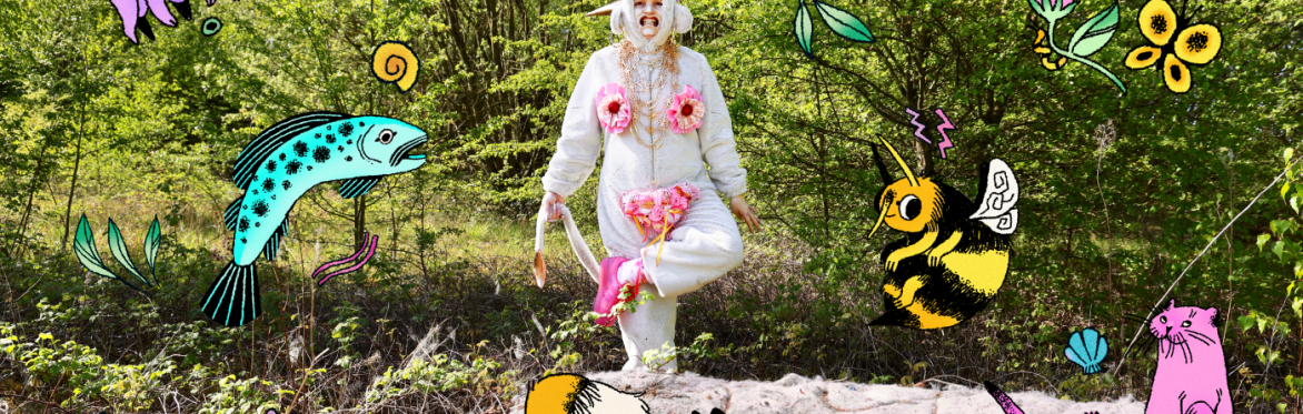 a woman surrounded by colourful illustrations, dressed in a onesie with sewn on pink fabric, doing a dance in the middle of a field. There is a mattress and air spray bottle on the ground.