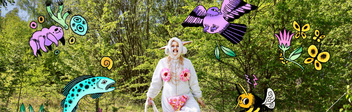a woman surrounded by colourful illustrations, dressed in a onesie with sewn on pink fabric, doing a dance in the middle of a field. There is a mattress and air spray bottle on the ground.