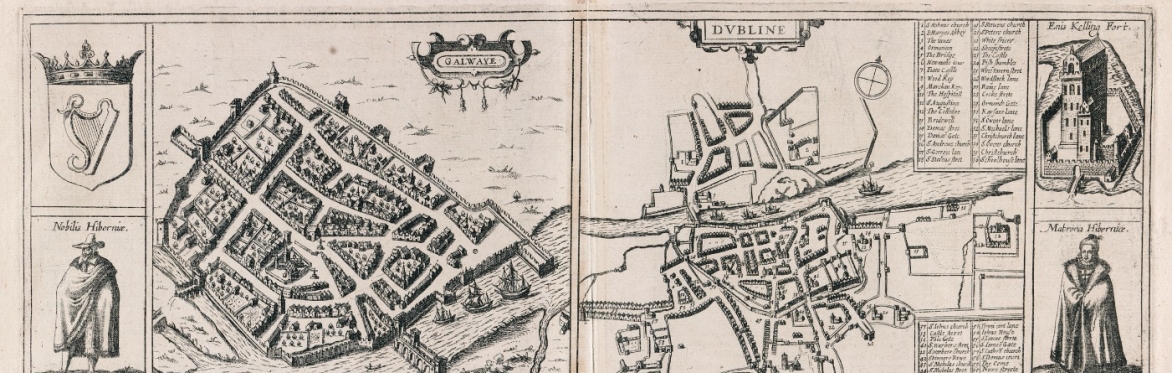 1618 plans of Galway and Dublin, with figures and Enniskillen castle at the side