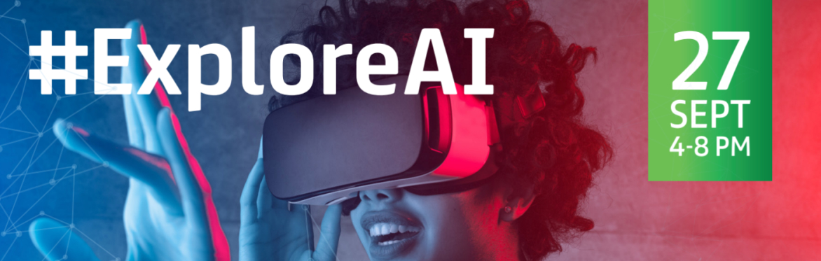 an invitation to an event titled #ExploreAI. It invites viewers to an interactive exhibition exploring the role of artificial intelligence (AI) in daily life. The event will take place at The Douglas