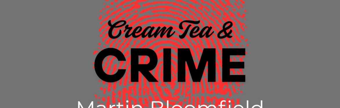 Grey background with part of a red fingerprint with Cream Tea & Crime in black writing