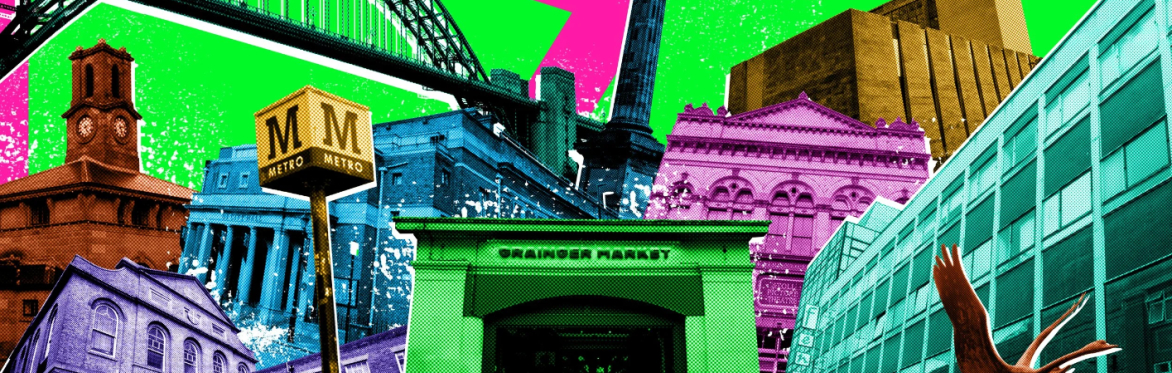 Colourful collage of Newcastle landmarks including Grainger Market, the Tyne Bridge and city centre buildings, with the You Are Here: NOVUM logo.