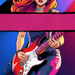 Lady with flowing red hair playing an electric guitar