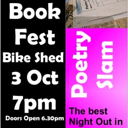 Pink and Black Poster with a picture of the Poetry slam scorecard