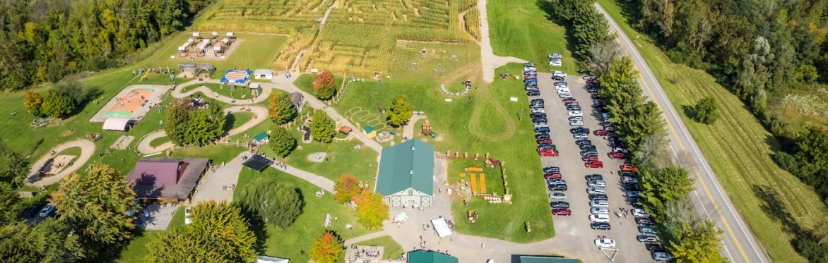 aerial photo of long acres - shows jumping pillow and other attractions