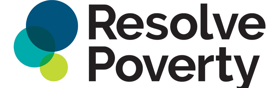 Resolve Poverty logo - name of Resolve Poverty in black on white background three coloured circles to the left of the text