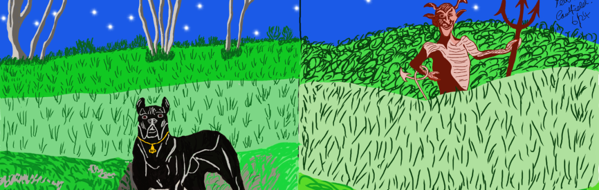 Colourful illustrated split-screen scene from The Atrees. A black dog encounters a walker on a country path at night, while a horned devil-like figure holding a red trident appears in a park.