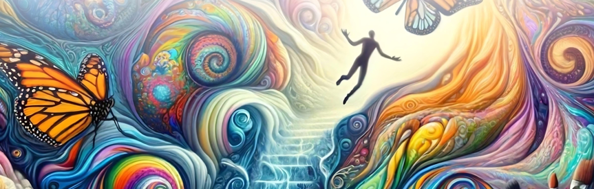 Digital art depicting art materials and stairs leading upward to a bright light with psychedelic inspired images surrounding a being moving towards the source of light.